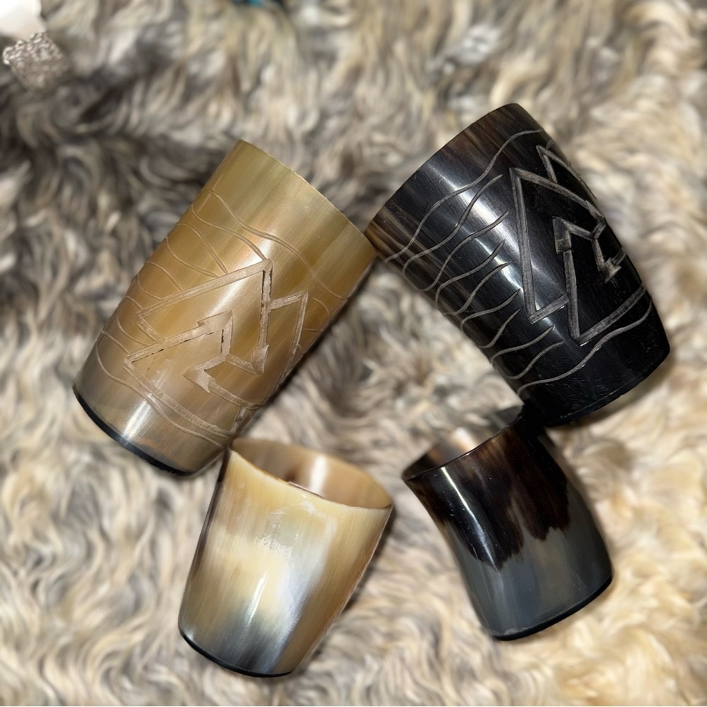 Set of Four Viking Style Horn Drinking and Shot Glasses